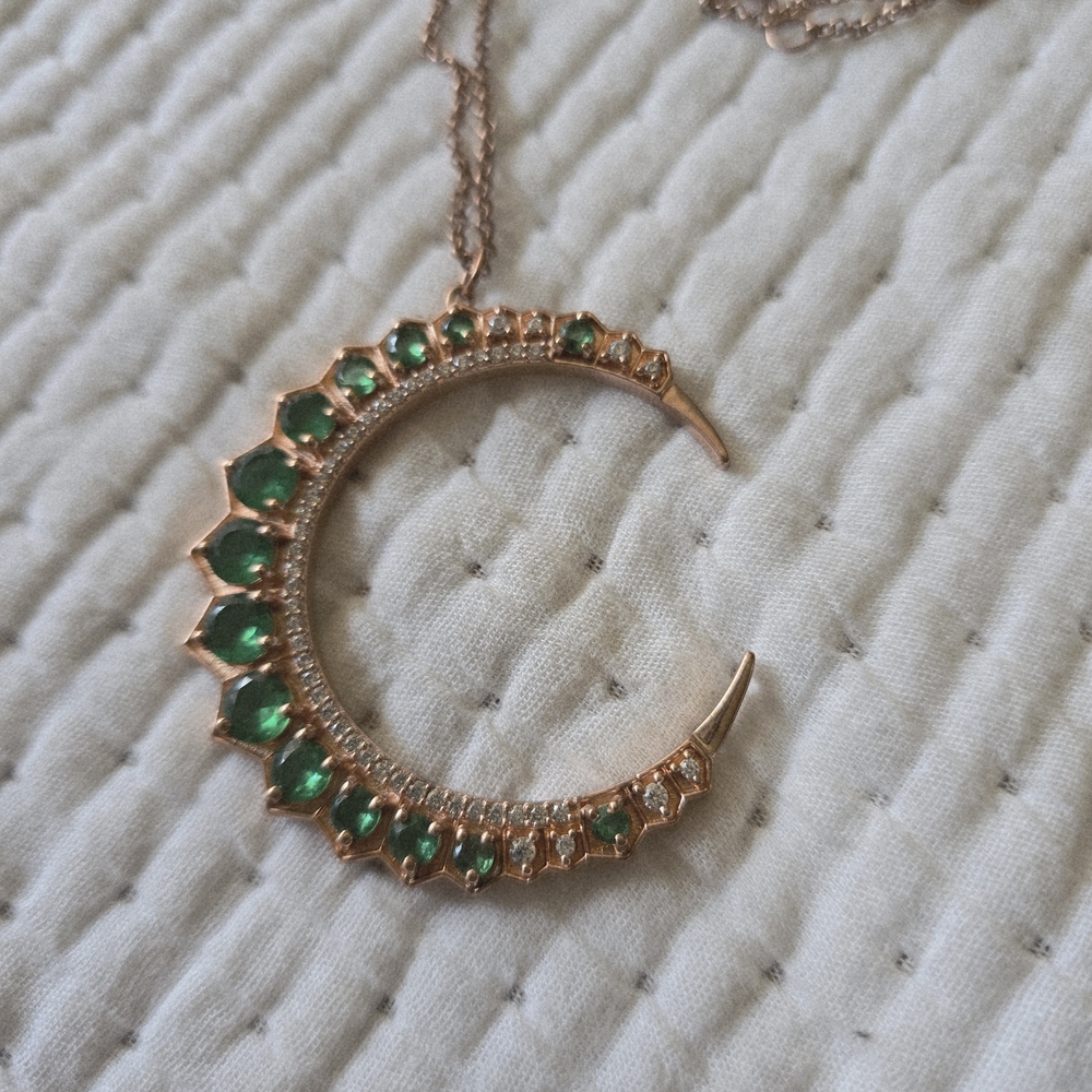 Tsavorite and ROSE Gold Crescent Moon Necklace
